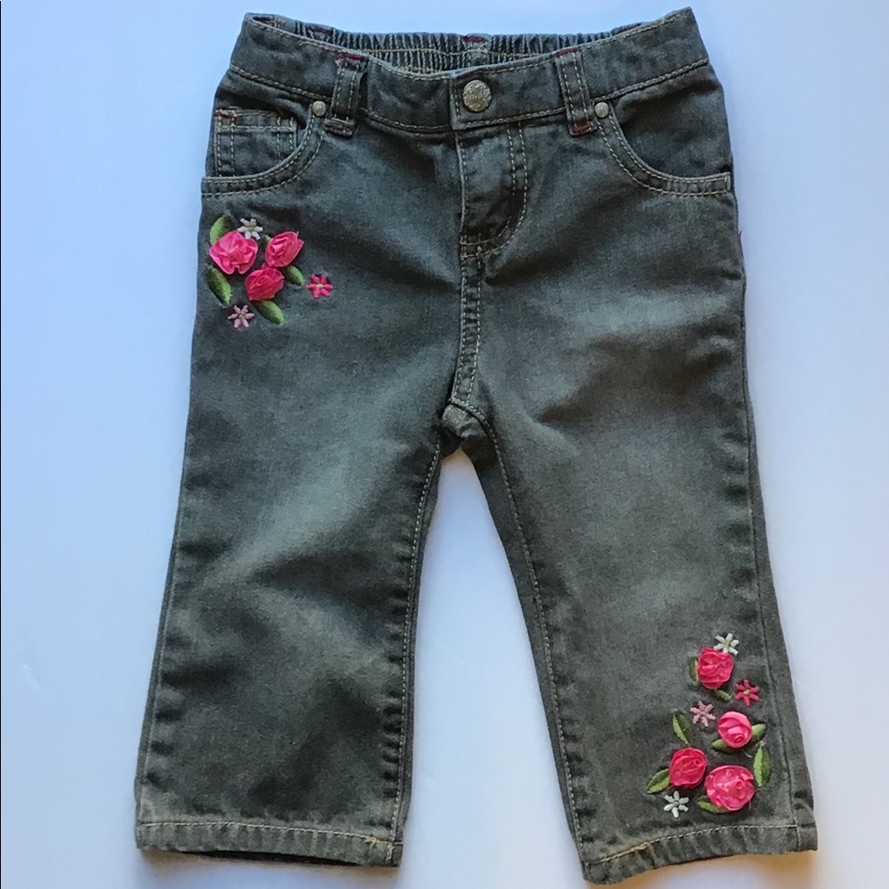 Green dog gray wash denim w flower embellished